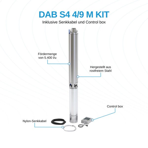 DAB S4 4/9 M KIT Brunnenpumpe - 5.400 L/Std. - 1200W - Förderhöhe 62 m - Rostfreier Stahl - Tiefbrunnenpumpe - Tiefwasserpumpe