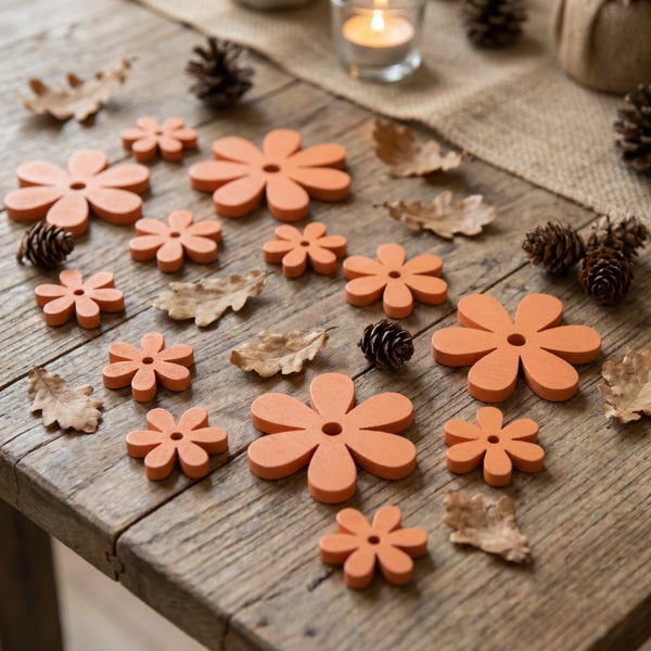 Dekorative Holzblumen in verschiedenen Groessen auf einem rustikalen Holztisch verstreut, dekoriert mit Tannenzapfen und Herbstlaub.