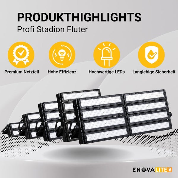 ENOVALITE Profi LED Stadion Fluter Flutlichtstrahler 300W 39000lm 5000K Neutralweiß Strahler IP66 IK10 Meanwell Driver