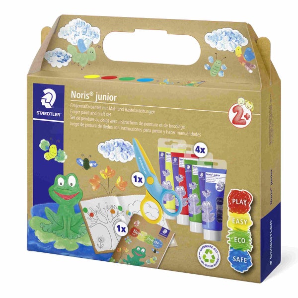 Staedtler Noris junior Fingermalfarbenset in Kartonbox mit Griff, enthält vier Tuben Fingermalfarbe, eine Kinderschere und ein Anleitungsheft.