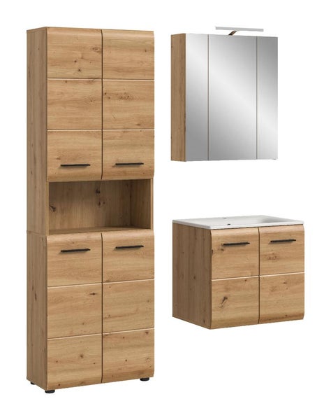 Badezimmermöbel Set in Eichenoptik mit Hochschrank, dreitürigem Spiegelschrank inklusive LED-Beleuchtung und Waschbeckenunterschrank mit Keramikbecken.