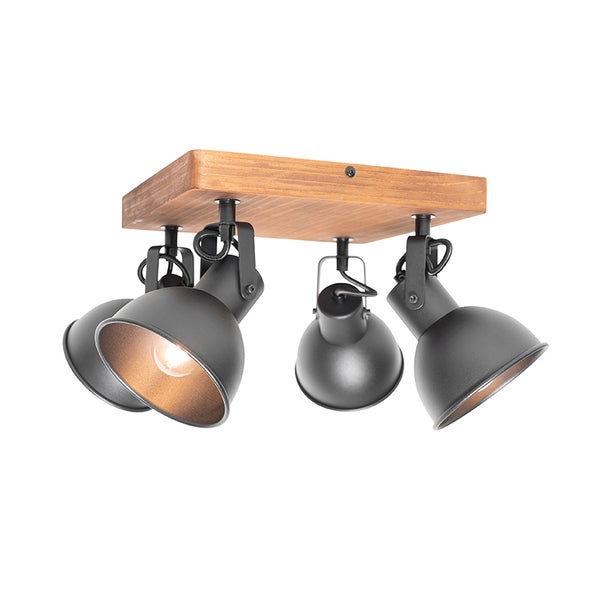 Deckenleuchte mit vier Strahlern und Holzsockel