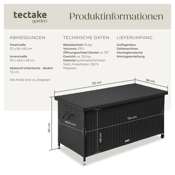 Auflagenbox tectake Kiruna 121 x 56 x 60 cm mit Rattangeflecht schwarz