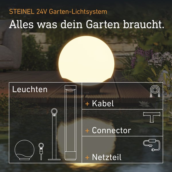 Steinel 24 Volt Garten-Lichtsystem mit leuchtender Kugellampe auf Holzterrasse am Teich sowie Diagramm mit Leuchten, Kabel, Verbinder und Netzteil.