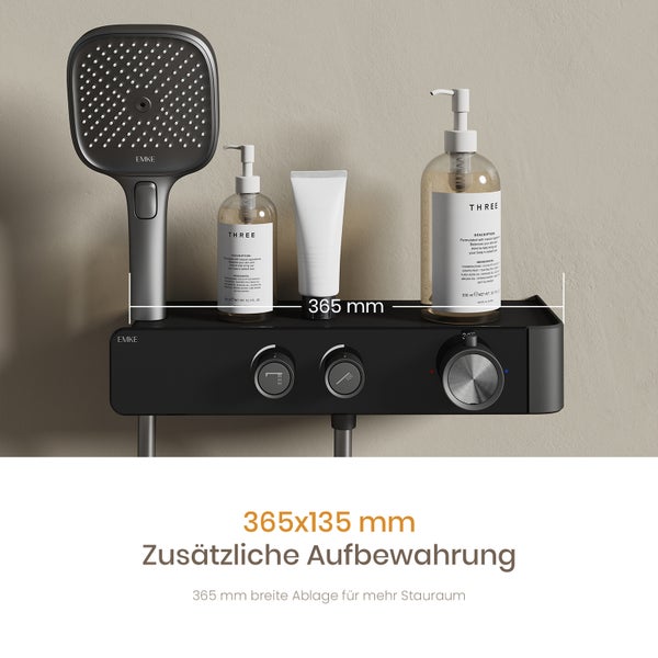 EMKE Duschsystem mit 2 Wasserabläufen, Duschkopf & Handbrause mit 3 Funktionen, 355 mm langer Auslauf, matt anthrazit, modernes Design, 355×150×1150 mm