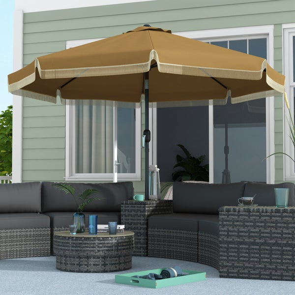 Outsunny Sonnenschirm, Terrassenschirm mit Fransen, neigbarer Strandschirm mit 8 Rippen, für Garten, Balkon, Ø265 cm, Polyester, Stahl, Khaki