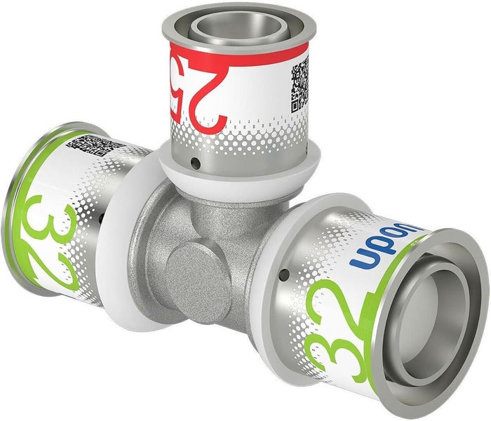 Uponor S-Press PLUS T-Stück aus Metall für Rohrverbindungen mit Presshülsen und Dimensionsanzeige.