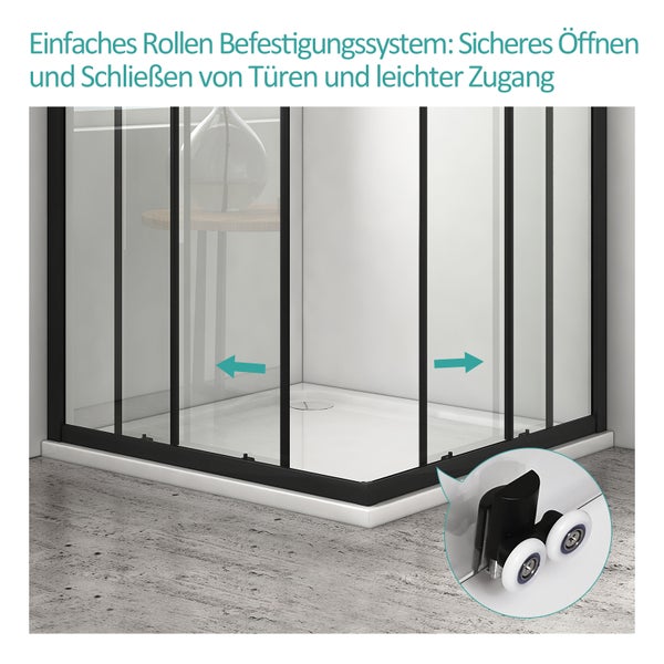 EMKE Duschkabine 90 x 90 cm Schiebetür mit  Rollen, 5 mm ESG-Sicherheitsglas, Mattschwarz, Schnellmontage, Höhe: 190 cm