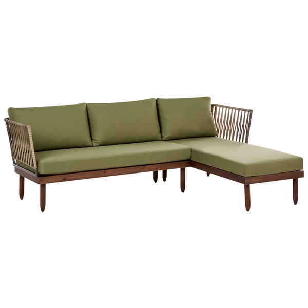 Garten-Lounge-Ecksofa mit Holzgestell, Kordel-Armlehnen und olivgrünen Polstern.