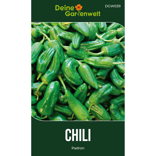 Deine Gartenwelt Logo, Chili Padron, kleine grüne Chilischoten.