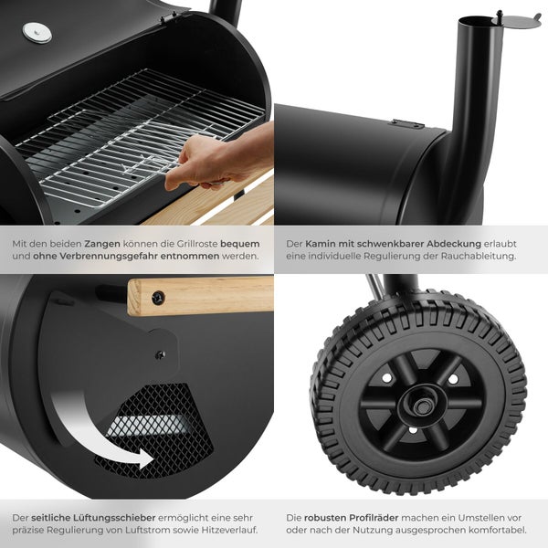 Details eines Holzkohlegrills: Grillrostzangen, Kamin mit Abdeckung, seitlicher Lüftungsschieber und robuste Profilräder für einfache Handhabung.