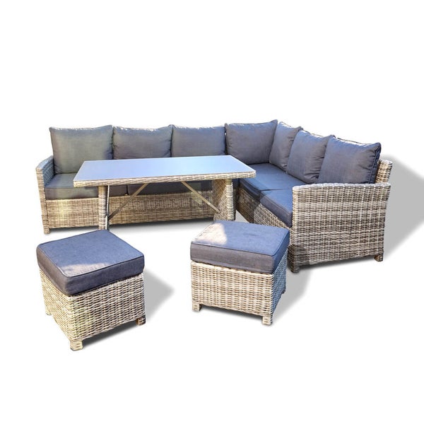 Home Deluxe - Polyrattan Sitzgruppe BAHIA- inkl. Hocker, Tisch mit Glasplatte und Sitzpolster I Loungemöbel, Outdoor Sofa, Garten- & Balkonmöbel