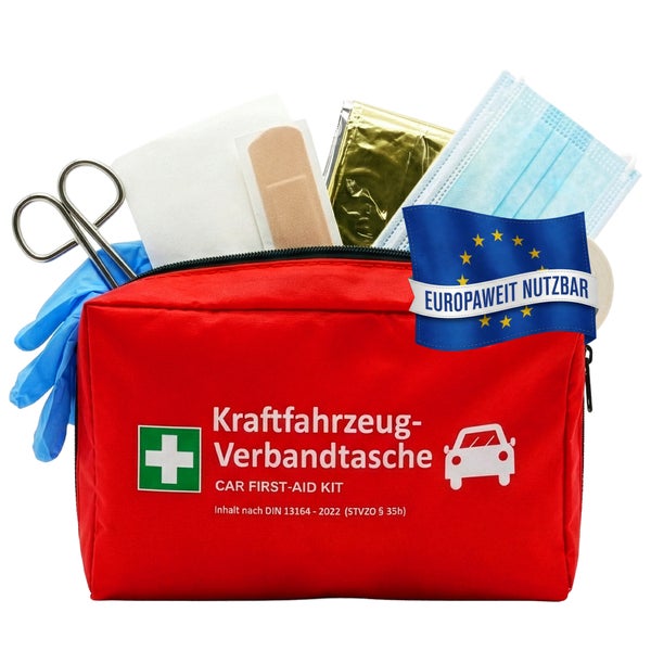 Rote Kraftfahrzeug-Verbandtasche nach DIN 13164 - 2022, europaweit nutzbar, inklusive Schere, Handschuhen, Pflastern, Rettungsdecke und Masken.