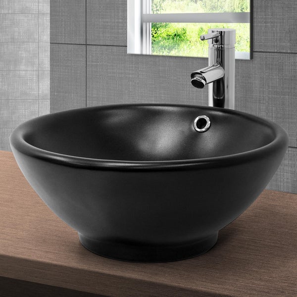 ML-Design Waschbecken aus Keramik in Schwarz matt Ø 420x170 mm mit Ablaufgarnitur, Runde Aufsatzwaschbecken, Moderne Waschtisch, Waschschale mit Überlauf und Abflussloch, Waschplatz Handwaschbecken