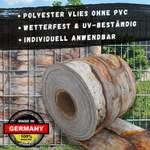 Polyestervlies ohne PVC, wetterfest, UV-beständig und individuell anwendbar als Sichtschutzrolle vor einem Zaun mit dem Siegel Made in Germany.