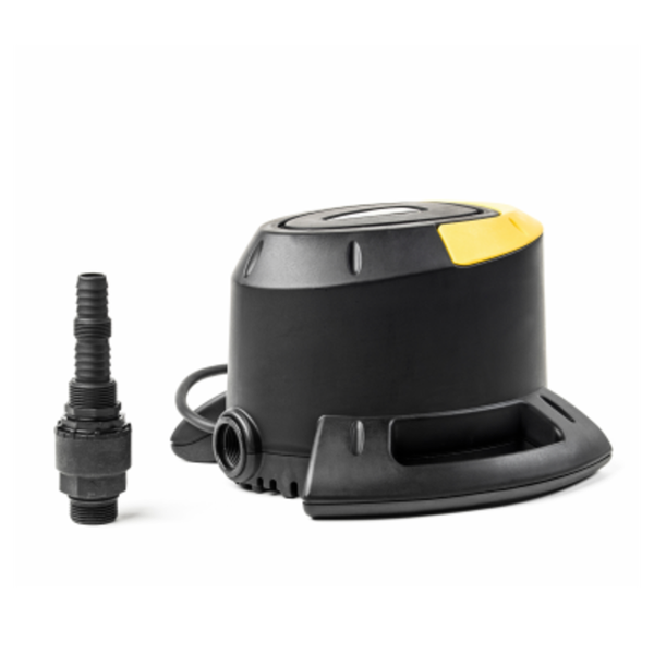 Schwarze Teichpumpe aus Kunststoff mit gelbem Detail und separatem Schlauchanschluss.