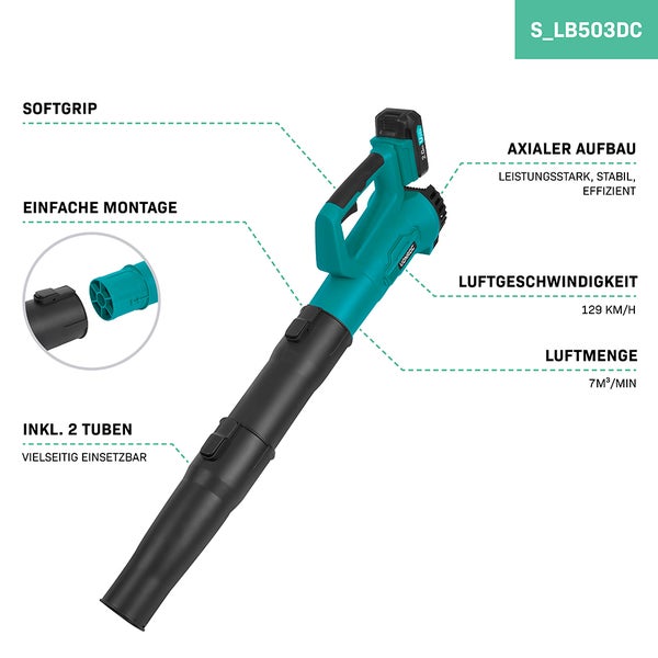 VONROC Akku-Laubbläser 20V – Axiale Bauweise – Luftgeschwindigkeit 129 km/h – Luftvolumen 7 m³/min – inkl. 2.0Ah Akku und Ladegerät