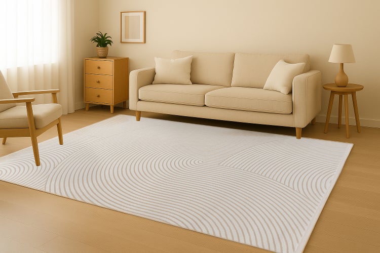 Wohnzimmer mit Teppich mit abstraktem Linienmuster, beige Sitzgruppe, Sideboard und Beistelltisch in heller Holzoptik in einer hellen Umgebung.
