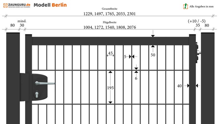 Gartentür ZAUNGURU BASIC-Line aus Metall, Höhe: 83cm, Breite: 123cm, 1-flügelig inkl. Pfosten, Locinox-Schloss und Zubehör, Feuerverzinkt und zusätzlich in RAL 7016 Anthrazitgrau pulverbeschichtet