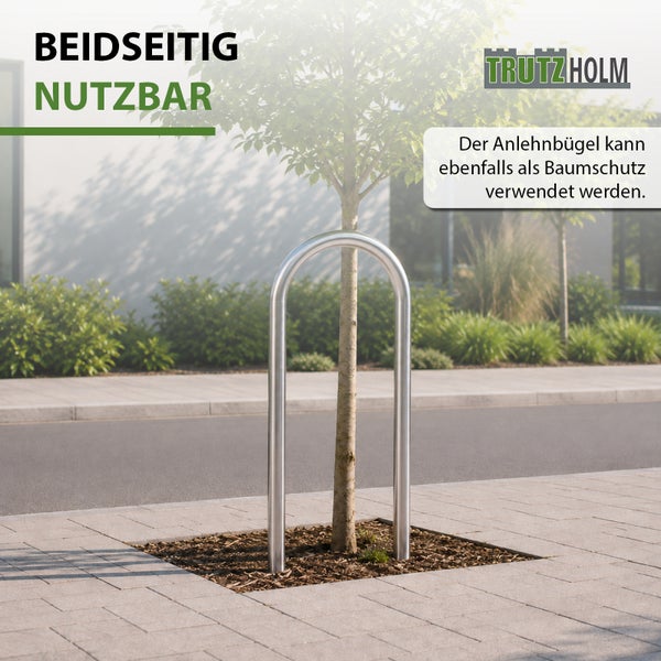 Edelstahl Anlehnbügel von Trutzholm als Fahrradständer oder Baumschutz im Außenbereich.