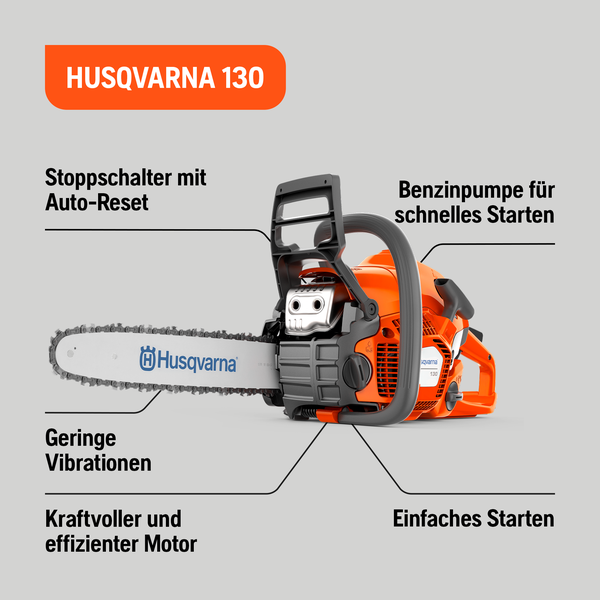 Husqvarna 130 Kettensäge mit Stoppschalter, Benzinpumpe und vibrationsarmem, effizienten Motor für einfaches Starten
