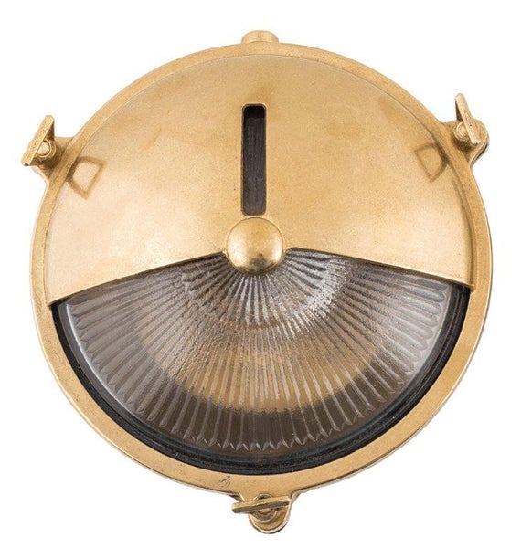 Runde Messing-Wandleuchte mit geriffeltem Glas