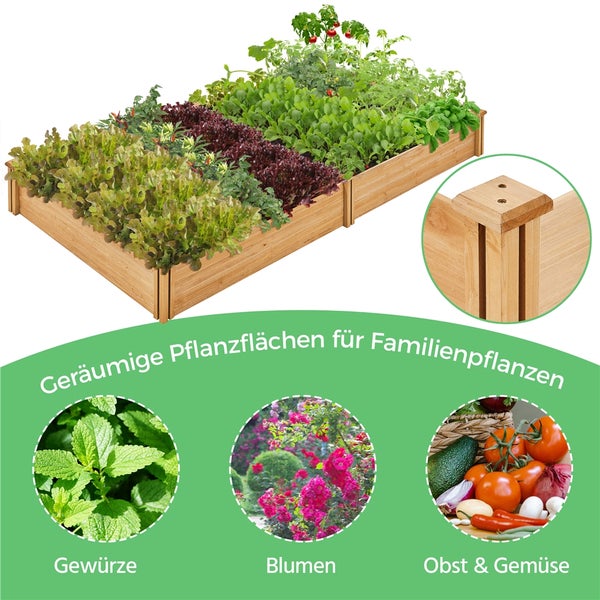 Hochbeet aus Holz bepflanzt mit Salat, Kräutern, Blumen, Obst und Gemüse