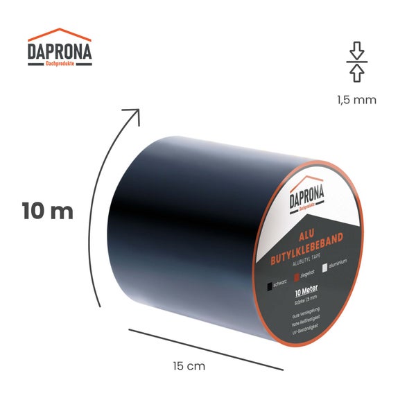 Daprona Aluminium-Butylklebeband in Schwarz, Länge 10 Meter, Breite 15 Zentimeter, Stärke 1,5 Millimeter.