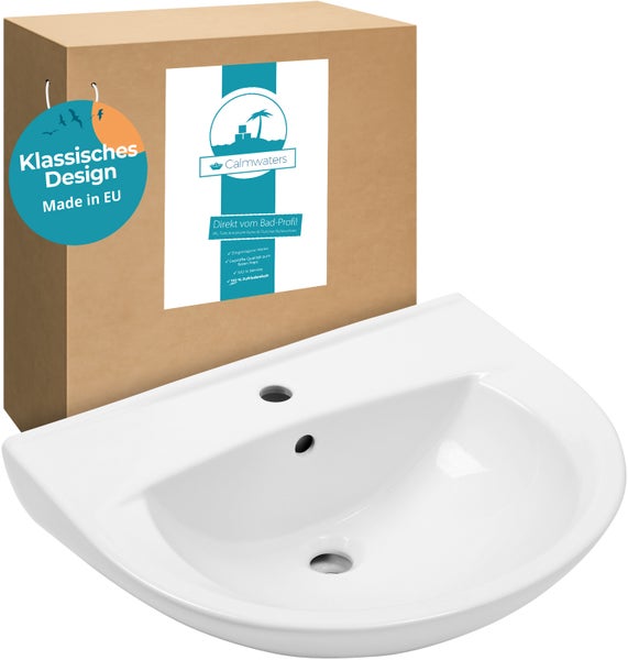 Calmwaters® Waschbecken 60 cm in Weiß, aus hochwertiger Sanitär-Keramik mit Hahnloch und Überlauf zur Wandmontage, ovaler Hänge-Waschtisch Essential 3 aus Keramik, 60 x 48 cm, weiss, 05AB2324