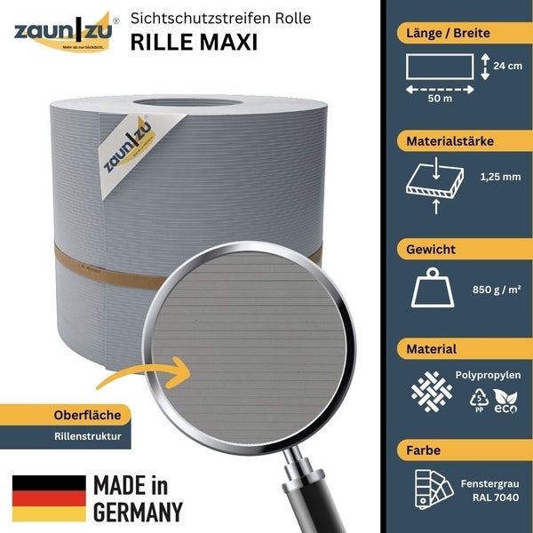 Zaun zu Sichtschutzstreifen Rolle Rille Maxi aus Polypropylen, 50 Meter Länge, 24 Zentimeter Breite, Fenstergrau RAL 7040