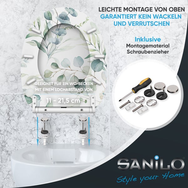 SANILO Toilettensitz mit Eukalyptus-Motiv inklusive Montagezubehör und Schraubendreher. Für Lochabstände von 11 bis 21,5 Zentimeter. SANILO Logo.
