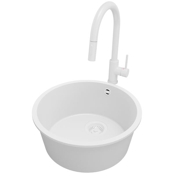 PRIMAGRAN Granitspüle Alles Weiß 46x46cm, Spülbecken Rund 1 Becken + Küchenarmatur 40x20cm + Ablauf-Set, Küchenspüle ab 50er Unterschrank - Valletta Slim