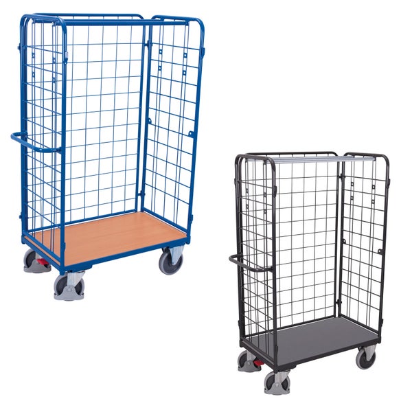 Zwei Paketwagen mit drei Gitterwänden aus Stahl, ein blaues Modell mit Holzplattform und ein schwarzes Modell mit grauer Plattform, auf Rollen.