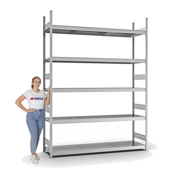 PROREGAL Weitspannregal Stecksystem T-Profil Grundregal HxBxT 300x225x50 cm 5 Ebenen Stahlplatten Fachboden Fachlast 350 kg Verzinkt