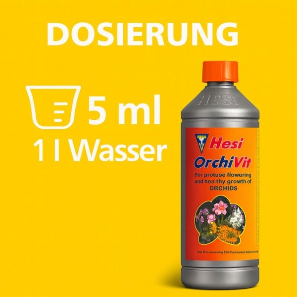 Dosieranleitung für Hesi OrchiVit Orchideendünger: 5 Milliliter auf 1 Liter Wasser.