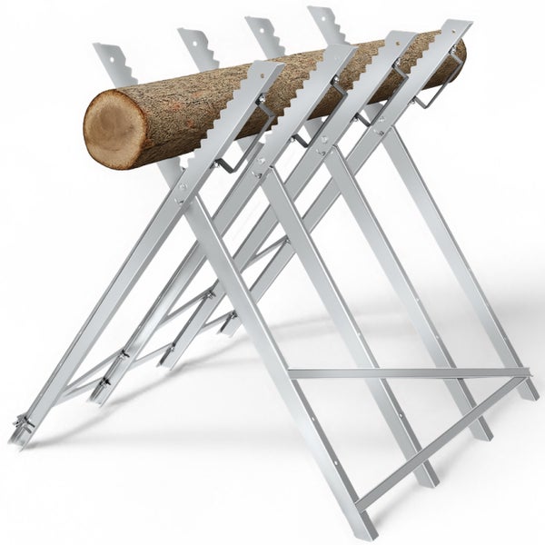 Metall-Sägebock mit Holzstamm zur Holzbearbeitung