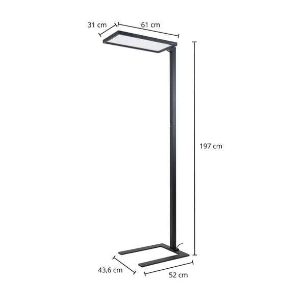 Moderne LED-Bürostehleuchte mit Maßen: Höhe 197 Zentimeter, Kopf 61 mal 31 Zentimeter und Standfuß 52 mal 43,6 Zentimeter.