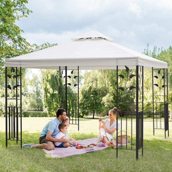 Outsunny Gartenpavillon, mit Blatt-Design Pavillon, 295L x 295B x 270H cm, Polyester, Cremeweiß