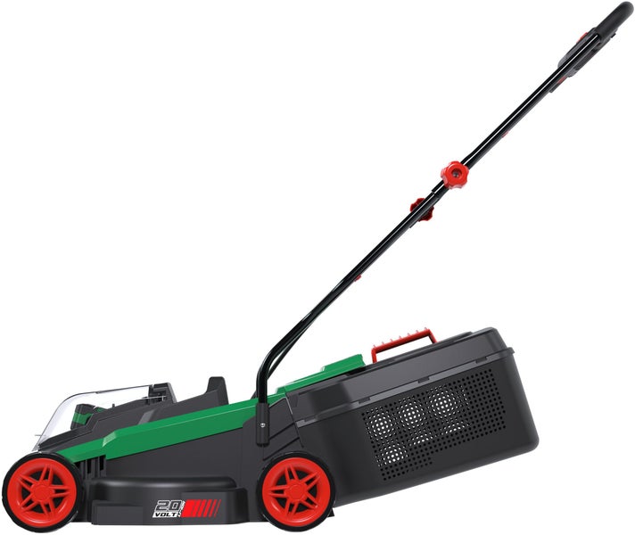 Grüner Akku-Rasenmäher 20 Volt mit schwarzem Grasfangkorb und roten Rädern in der Seitenansicht.