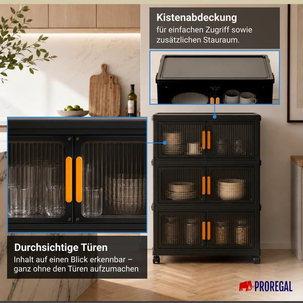 Schwarzer Aufbewahrungsschrank mit drei Ebenen, transparenten geriffelten Türen, orangen Griffen und Rollen. ProRegal Logo.
