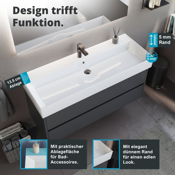 Waschtischunterschrank mit Waschbecken, Armatur und Ablagefläche im Badezimmer