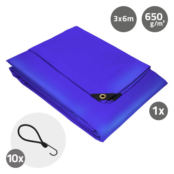 ECD Germany Premium Abdeckplane Gewebeplane mit Ösen, 6x3m 18m², 650g/m², Blau, PVC, Wasserdicht, Reißfest, 10 Haken, LKW-Plane Bootsplane Gartenplane Holzplane, Schutzplane für Gartenmöbel Pool Auto