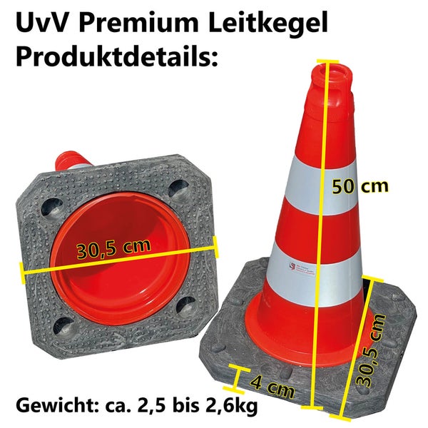 UvV Profi Set Premium Leitkegel / Pylonen 500mm - langlebige schwere Verkehrshütchen standsicher niedriger Schwerpunkt (4 Stück Set)