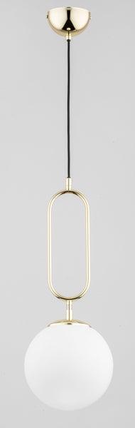 Moderne Pendelleuchte mit ovalem Metallrahmen und kugelförmigem Glasschirm