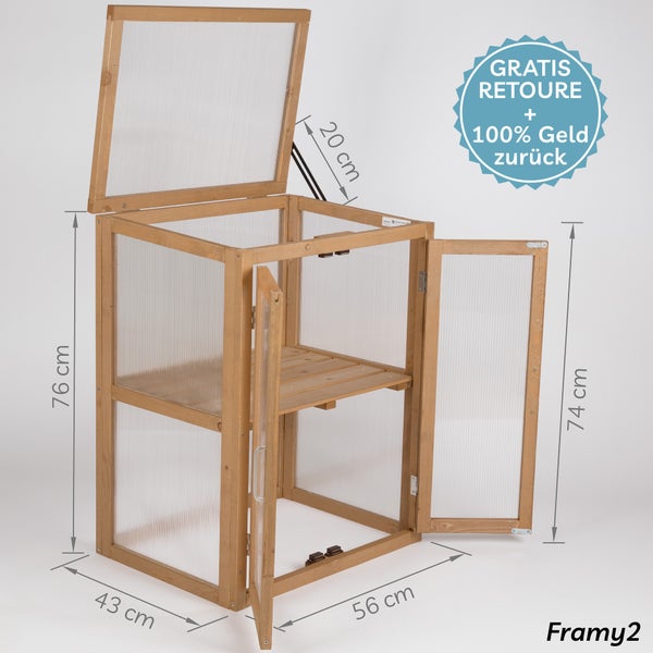 needs&wants® Mini Gewächshaus Treibhaus klein winterfest aus Holz für Balkon Garten Indoor, Frühbeet Hochbeet Pflanzschrank Anzuchthaus, Polycarbonat