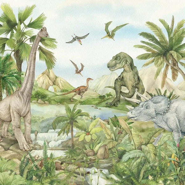 Fototapete mit Dinosauriern in einer prähistorischen Landschaft mit Bergen, Wasserfall und Palmen im Aquarellstil.