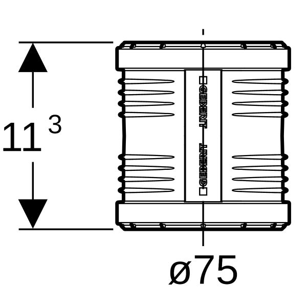 Technische Zeichnung einer Geberit Schiebemuffe mit Geberit Logo, Durchmesser 75 Millimeter, Höhe 11,3 Zentimeter.