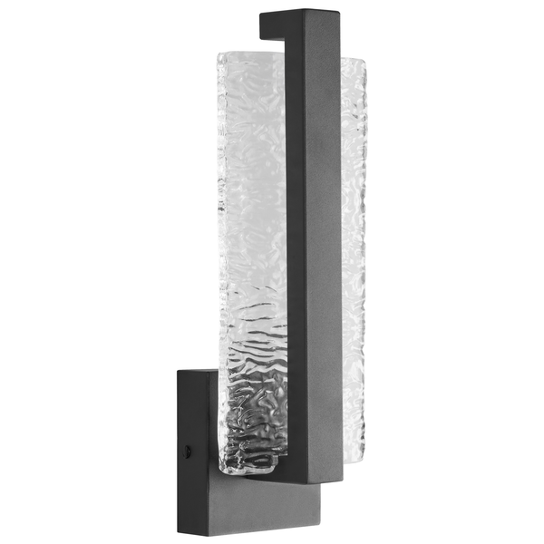 Moderne Außenwandleuchte mit rechteckigem schwarzem Metallrahmen und strukturiertem Glas in Wellenoptik.