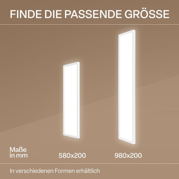 Größenvergleich für LED Panele in den Maßen 580 mal 200 Millimeter und 980 mal 200 Millimeter.