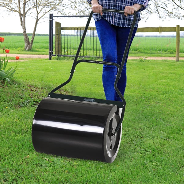 Outsunny Rasenwalze mit U-Griff, Gartenwalze, 40 cm Durchmesser, 60 L Wasser-/Sandfüllung, 57 x 40 x 123 cm, Metall, Schwarz